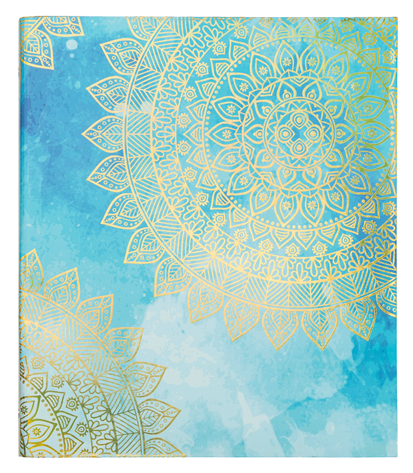 image of a binder from U Style with a blue tie dye background and gold mandala printed on top