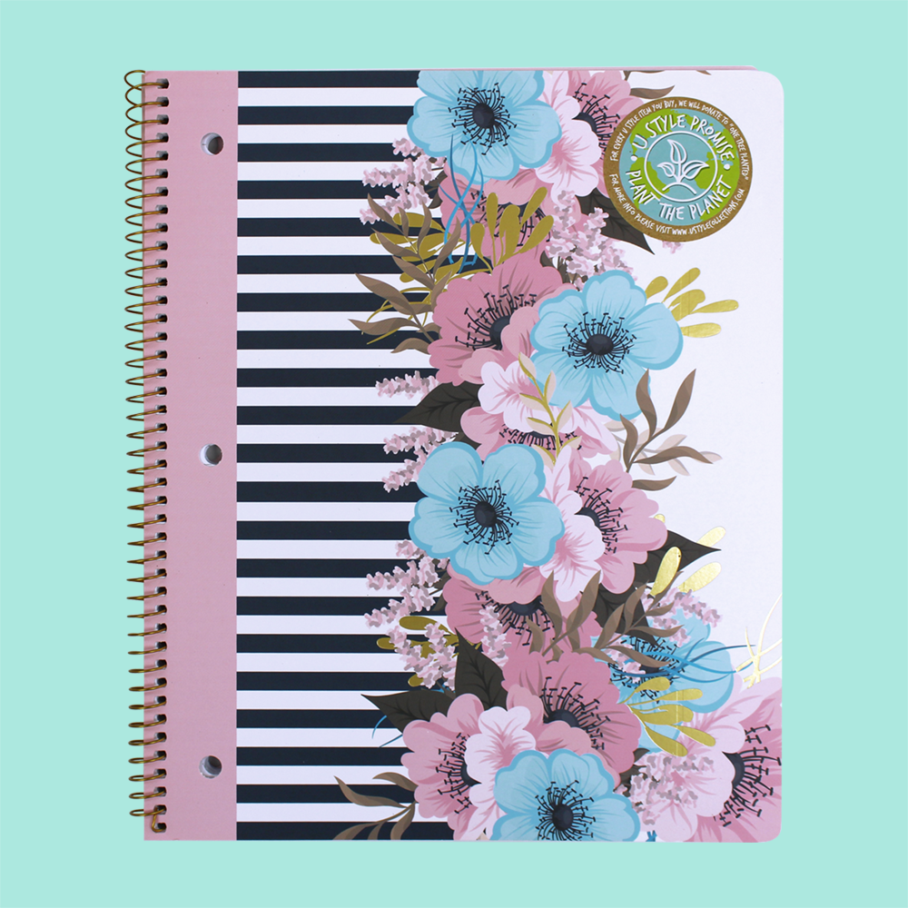 image of a pretty petals notebook with flowers on the right side and black stripes on the left side