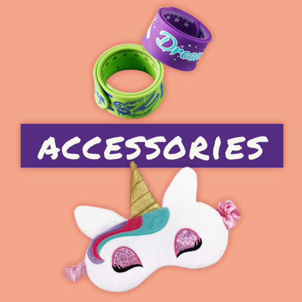 image of the word "Accessories" written beside images of snap bracelets and a unicorn mask